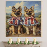 Patriotic German Shepherd Pair in Stars and Stripes Outfits – Americana Dog Wall Art for July 4th on Ready to Hang 1.5" Thick Canvas Wrap, Floating Framed Canvas, Flat Rolled Canvas